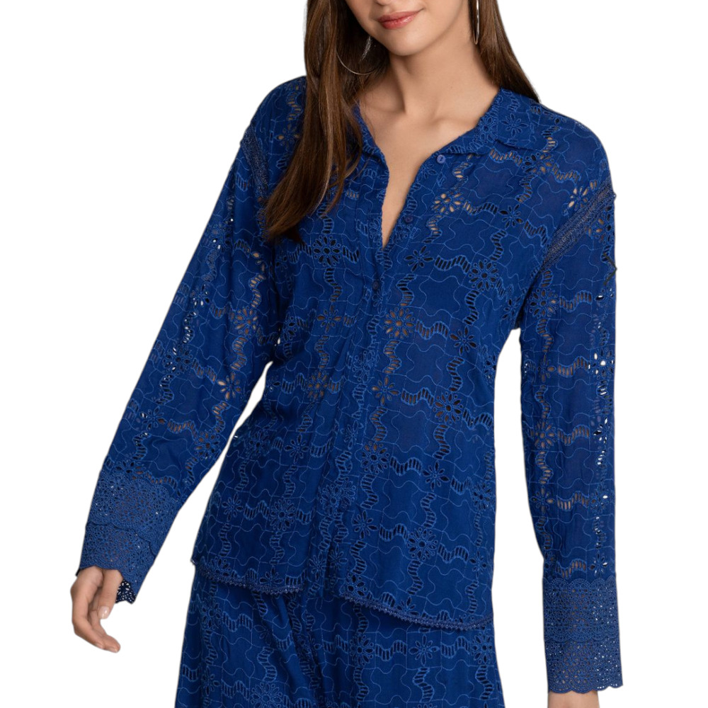 Johnny Was Jade Marina Joy Rayon Shirt Blue Eyelet Button Down Long Sleeve